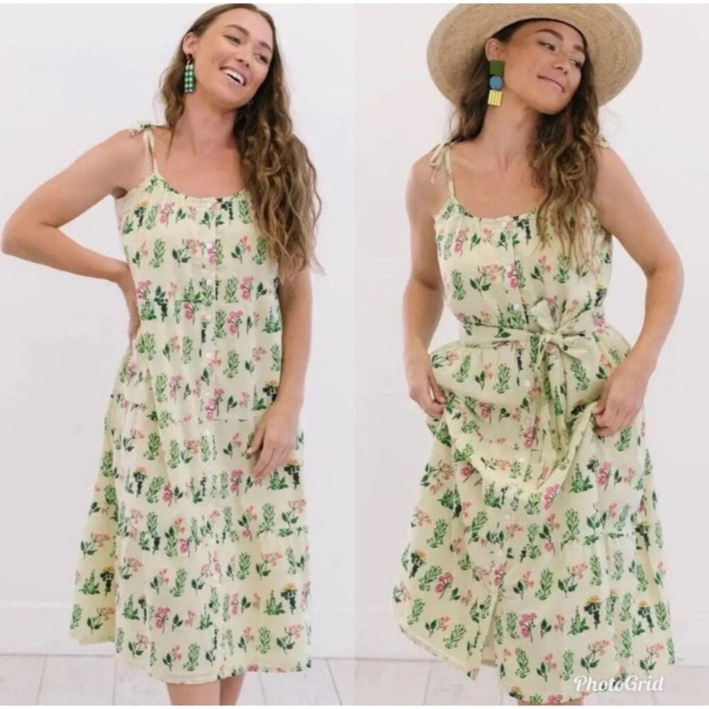 Sunshine Tienda Tiered Long Midi Dress XS-S Green Garden Novelty Button Cottage